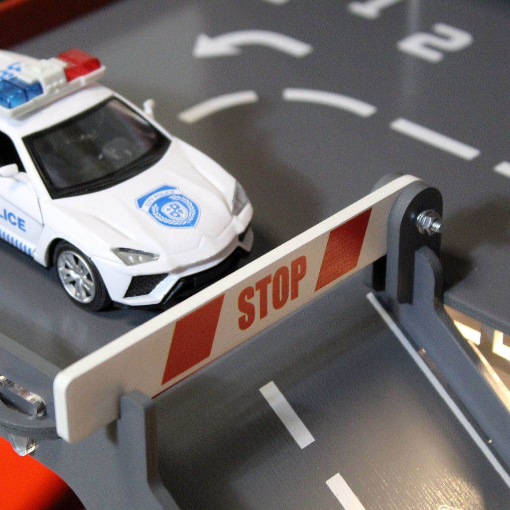 Toy car garage with interactive toy car wash, ilumination and sign with child's name