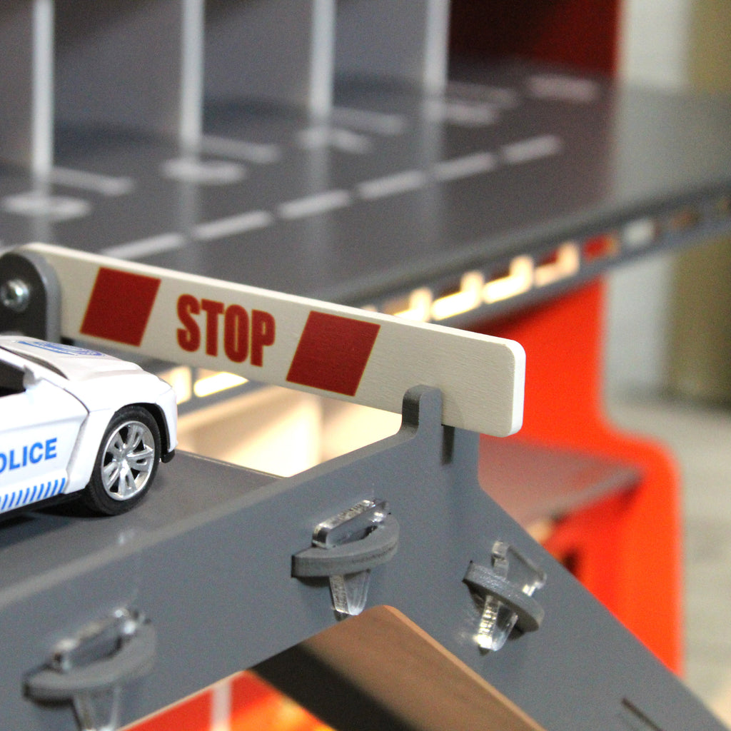 Toy car garage with interactive toy car wash, ilumination and sign with child's name