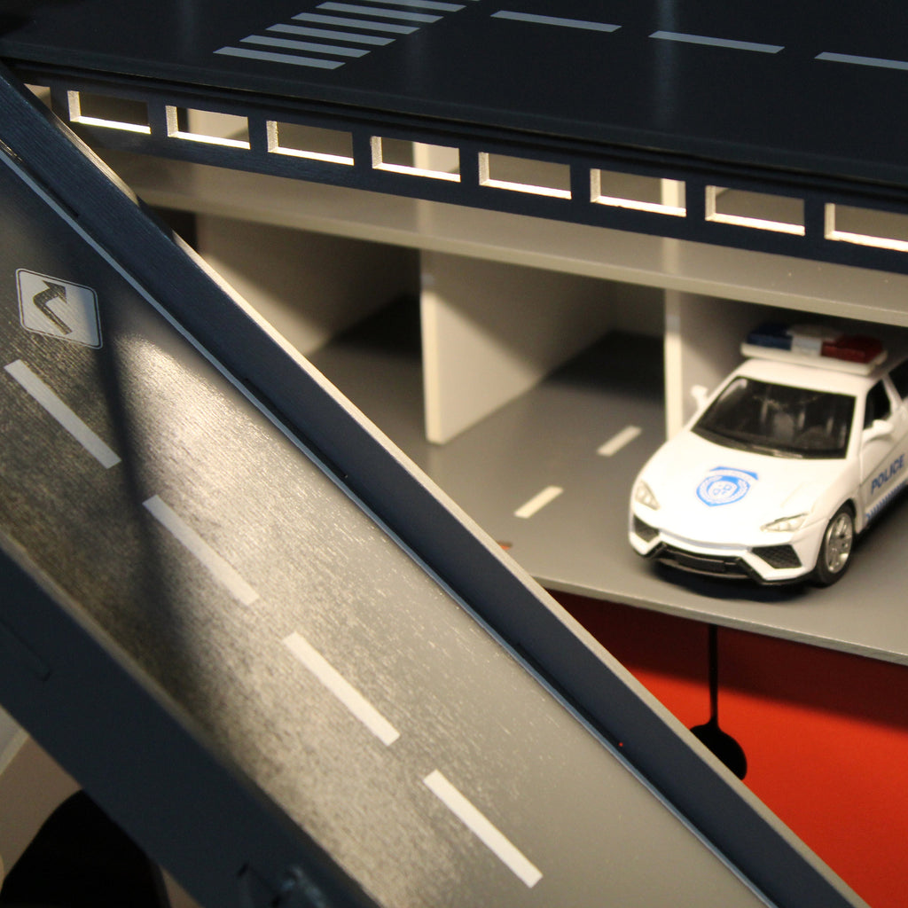 Toy car garage with interactive toy car wash, ilumination and sign with child's name