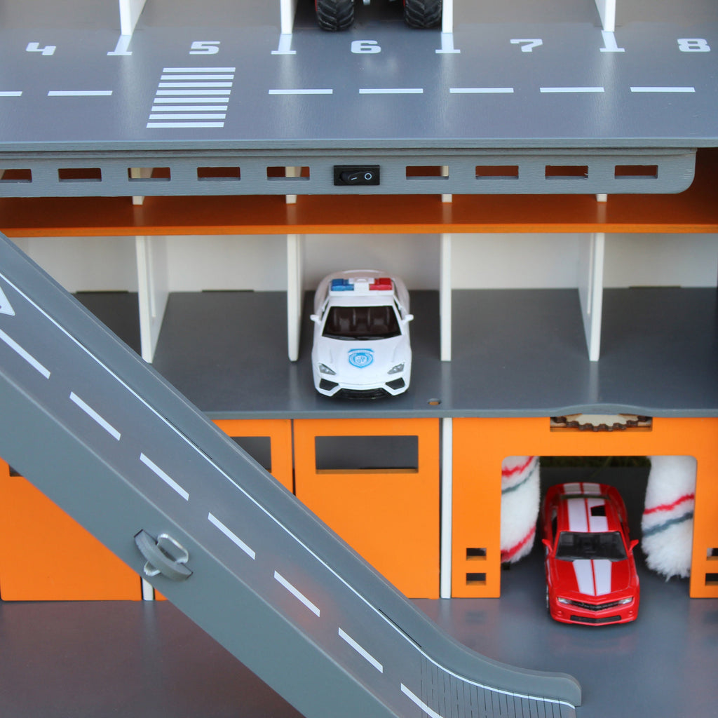 Gift for boy, wooden toy garage for age 4 - 7 years in black and orange