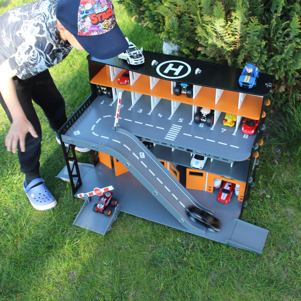 Gift for boy, wooden toy garage for age 4 - 7 years in black and orange