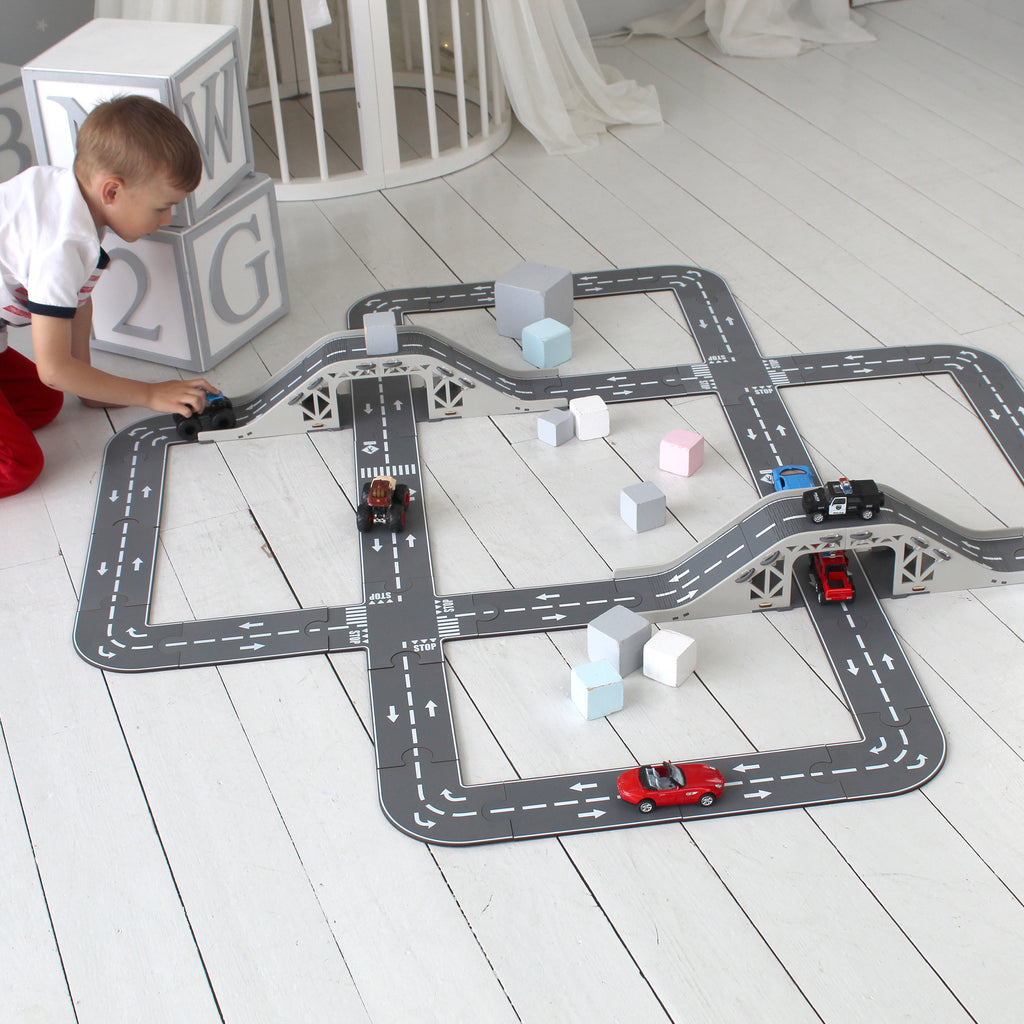Wooden Toy Car Track Set with Bridge: Fun Toy Road Puzzle