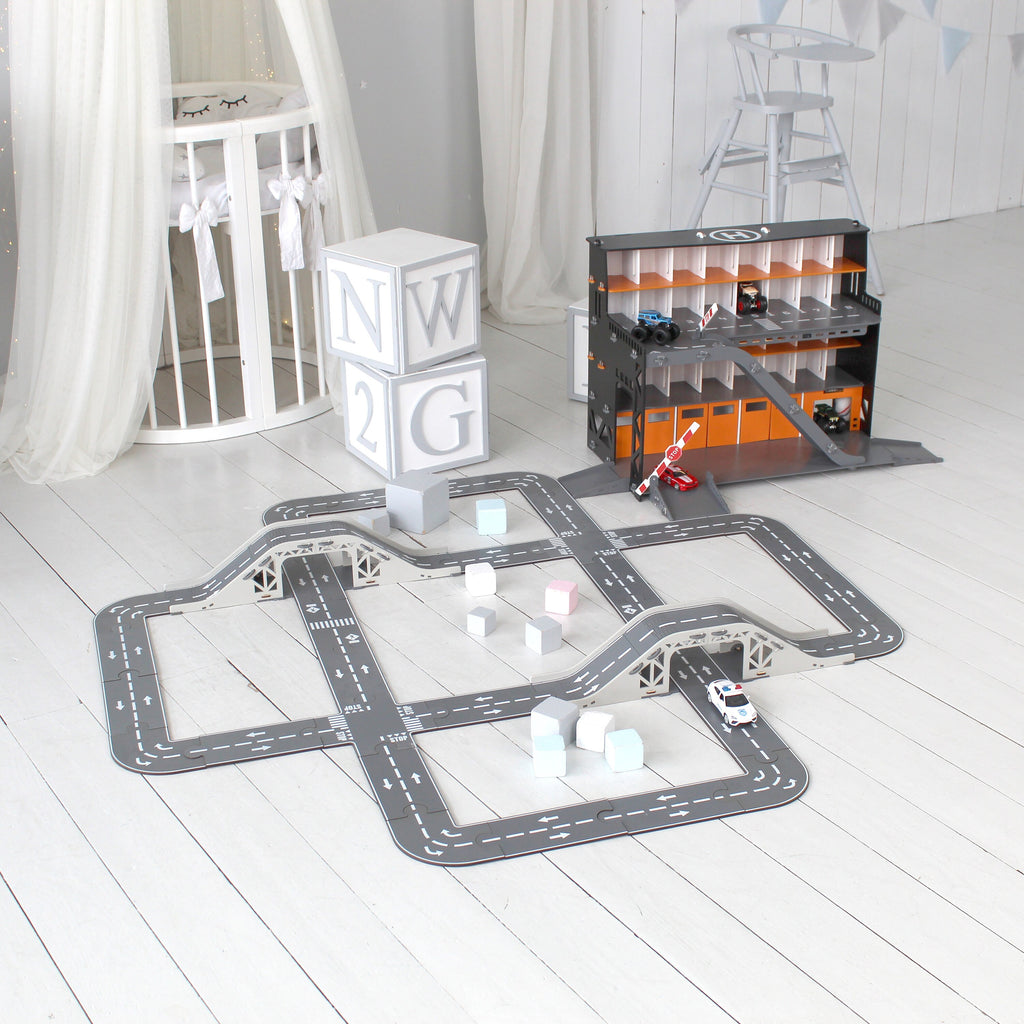 Wooden Toy Car Track Set with Bridge: Fun Toy Road Puzzle