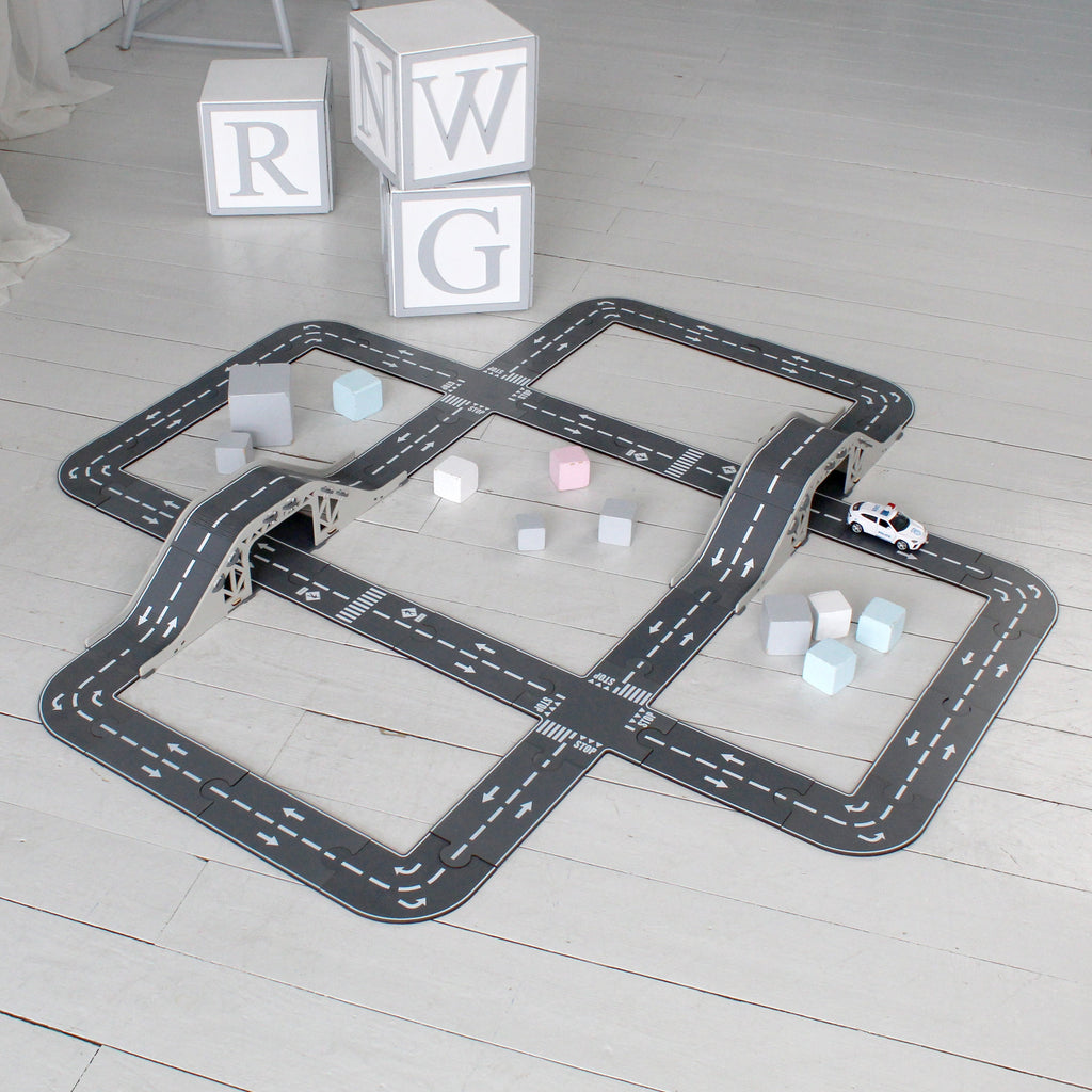 Wooden Toy Car Track Set with Bridge: Fun Toy Road Puzzle