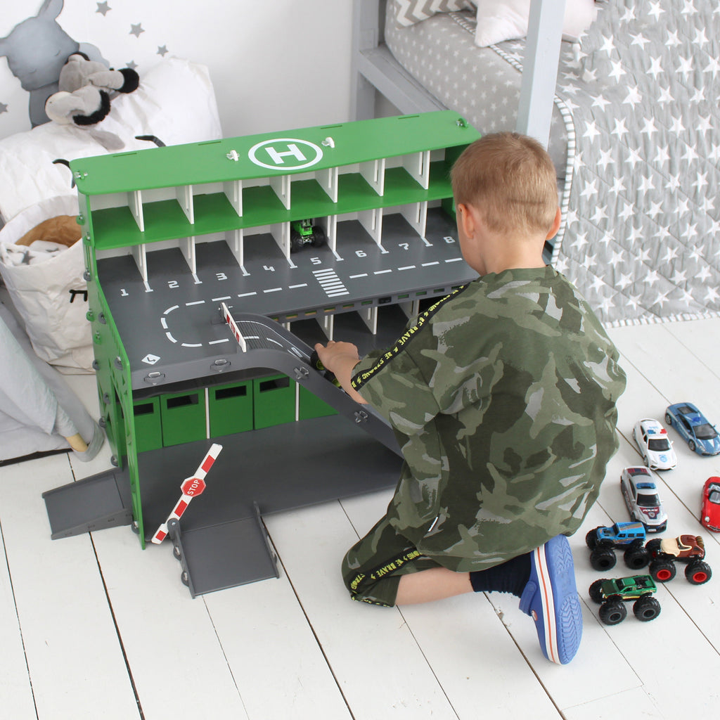 Wooden Toy Garage and Car Wash Payset, Handmade Pine Green Car Park w/LED Lights & Personalization, Cool Toys Cars Gift, Fun Toys For Boys