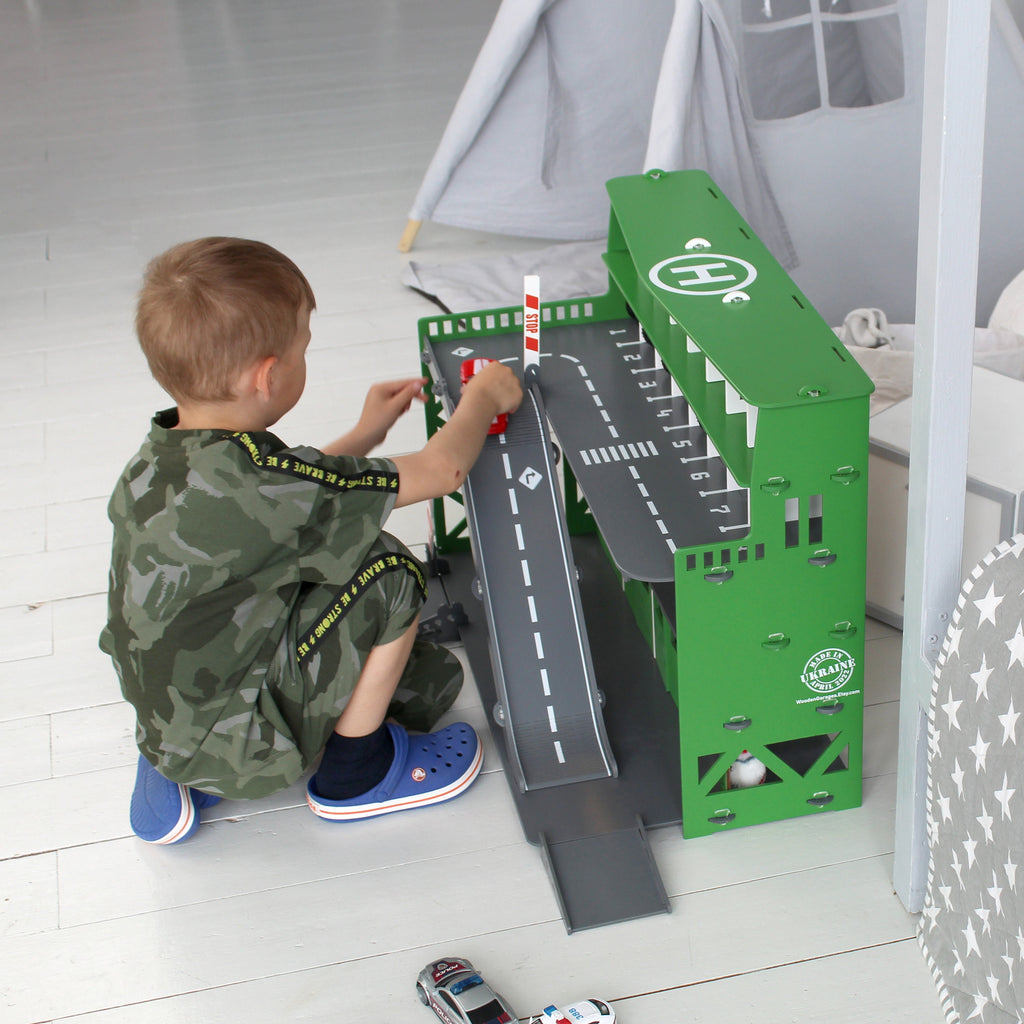 Wooden Toy Garage and Car Wash Payset, Handmade Pine Green Car Park w/LED Lights & Personalization, Cool Toys Cars Gift, Fun Toys For Boys