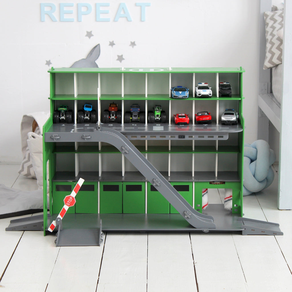 Wooden Toy Garage and Car Wash Payset, Handmade Pine Green Car Park w/LED Lights & Personalization, Cool Toys Cars Gift, Fun Toys For Boys