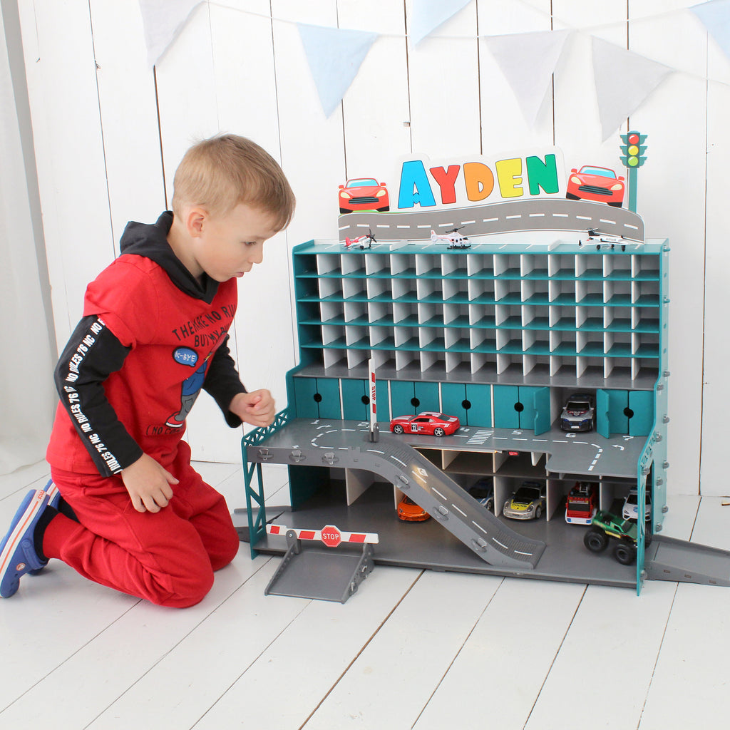 Handmade Wooden Toy Garage with Doors, Ramps, and Gates - Perfect Gift for Toddler Boys aged 3-5 - Eco-Friendly and Sustainable