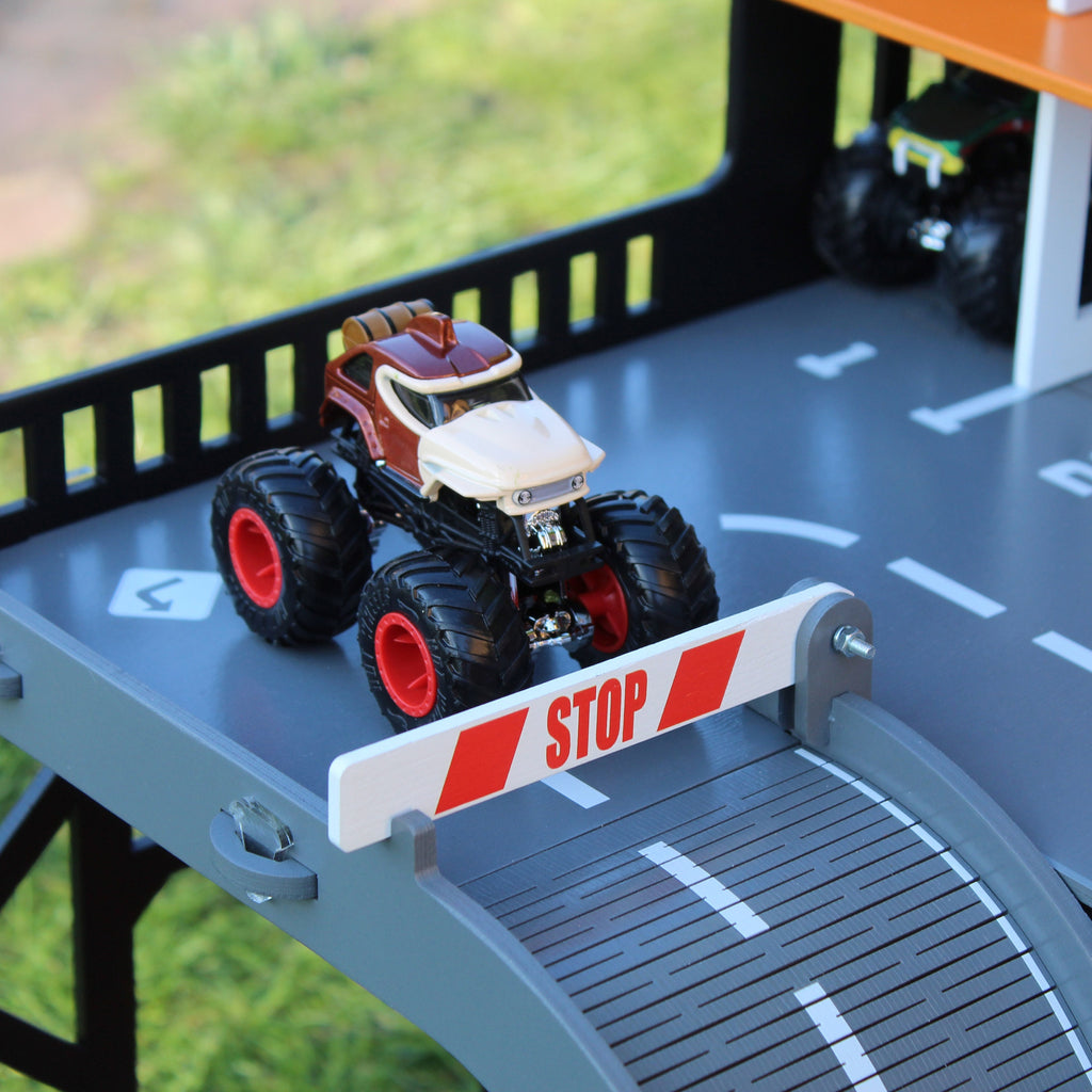 Gift for boy, wooden toy garage for age 4 - 7 years in black and orange