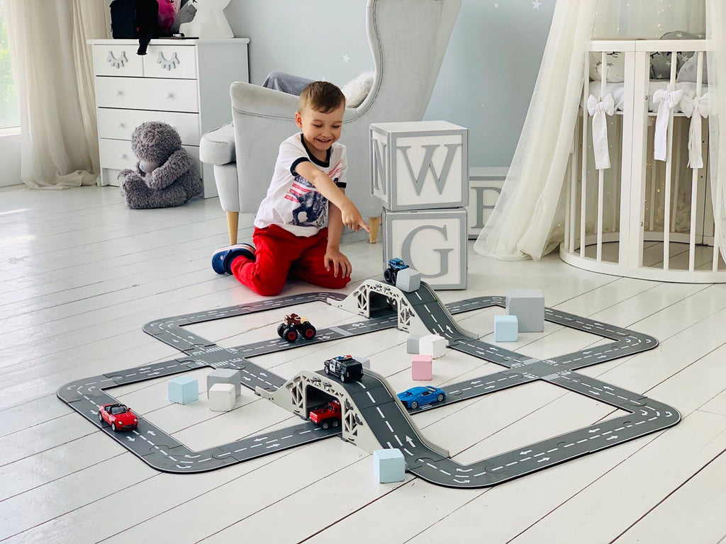 Interactive Wooden Toy Car Road Puzzle Set with Garages and Bridges