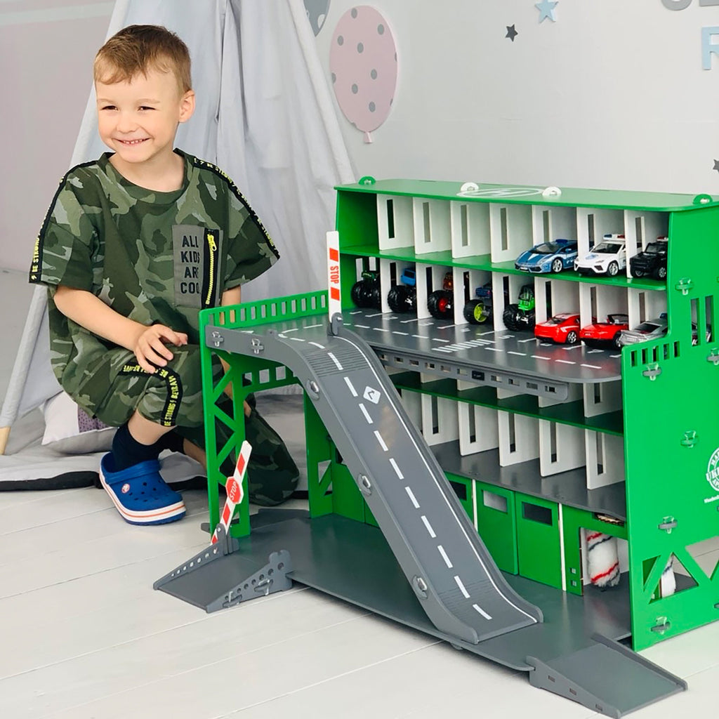 Wooden Toy Garage and Car Wash Payset, Handmade Pine Green Car Park w/LED Lights & Personalization, Cool Toys Cars Gift, Fun Toys For Boys