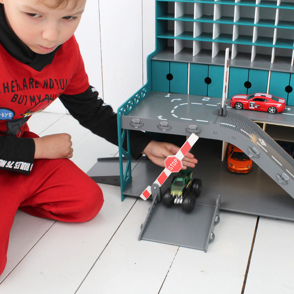 Handmade Wooden Toy Garage with Doors, Ramps, and Gates - Perfect Gift for Toddler Boys aged 3-5 - Eco-Friendly and Sustainable