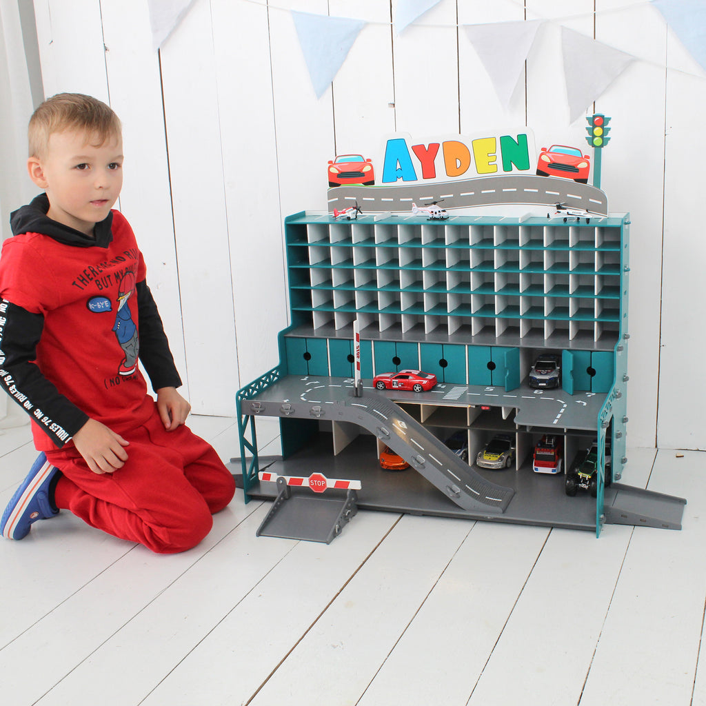 Handmade Wooden Toy Garage with Doors, Ramps, and Gates - Perfect Gift for Toddler Boys aged 3-5 - Eco-Friendly and Sustainable