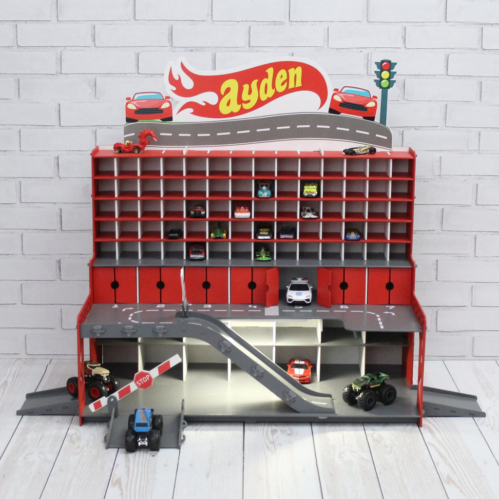 Kids Storage for 3 inch long toy cars with doors, ramps, gates and personalization