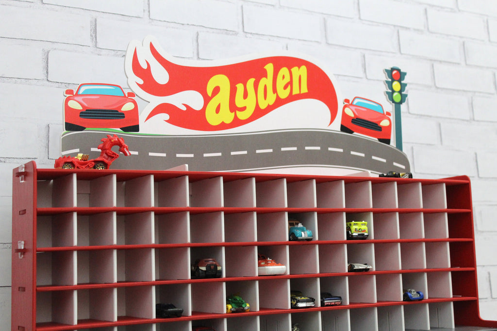 Kids Storage for 3 inch long toy cars with doors, ramps, gates and personalization