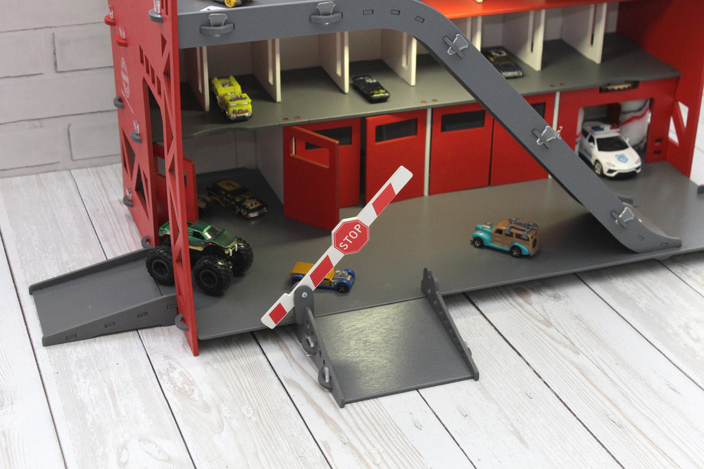 Toy car garage with interactive toy car wash, ilumination and sign with child's name