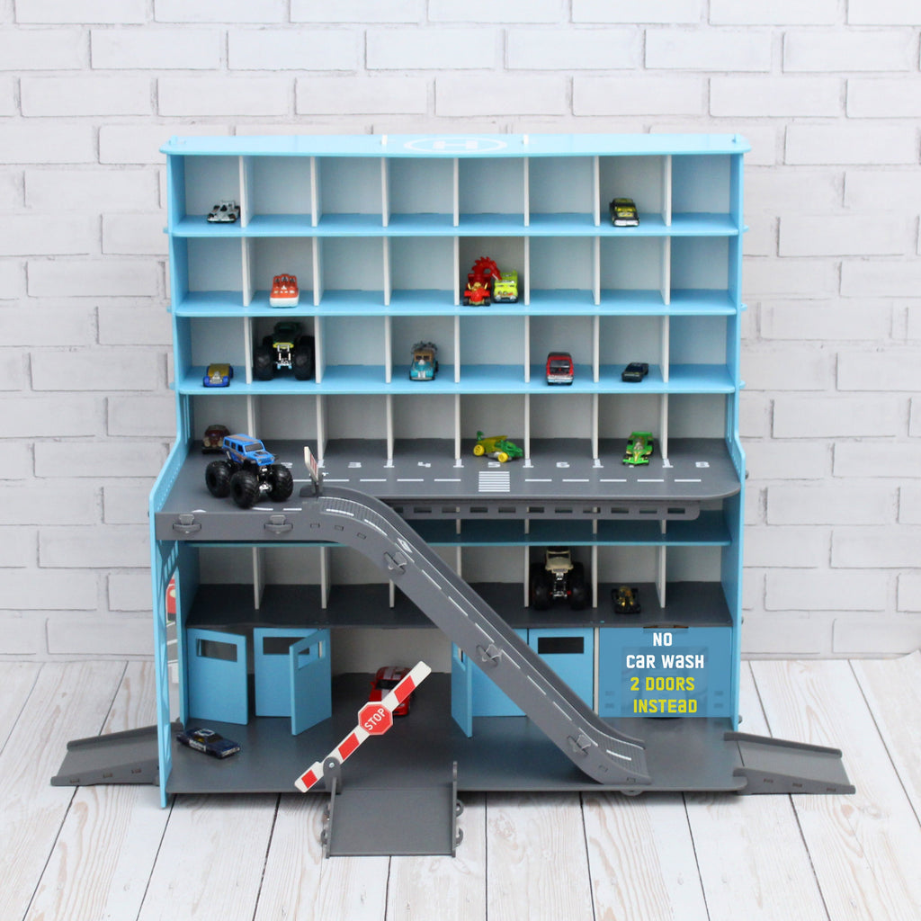 Toy car garage in light blue with light and inscription