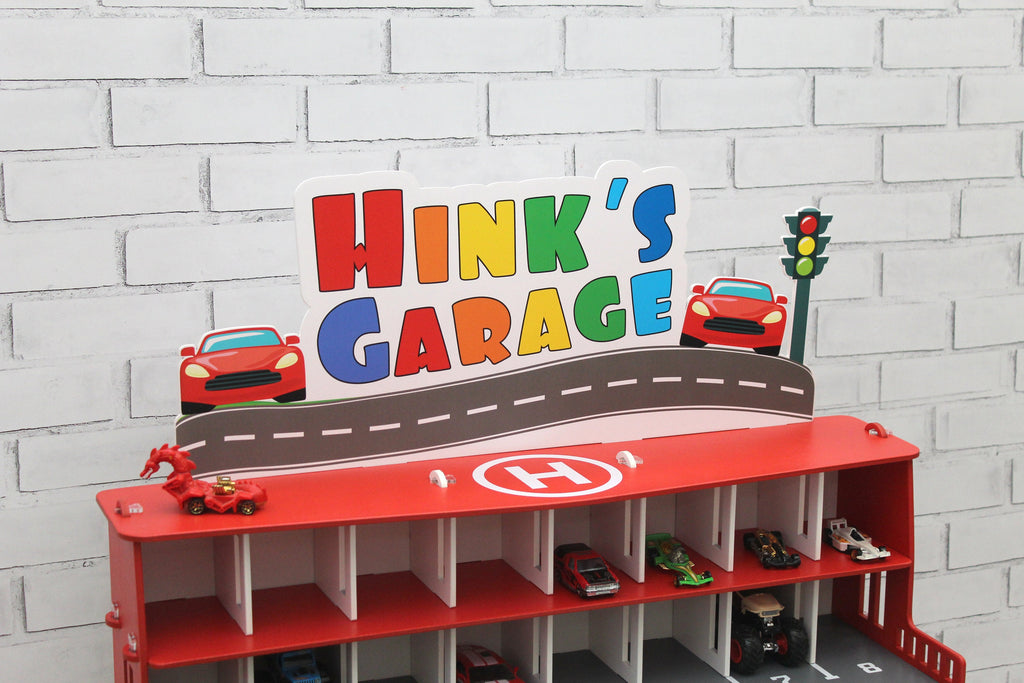 Toy car garage with interactive toy car wash, ilumination and sign with child's name