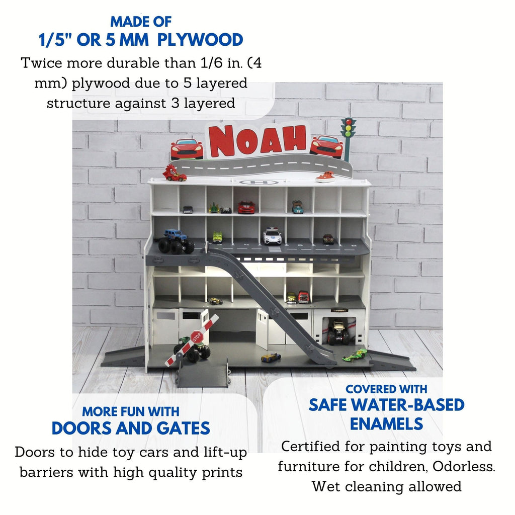 Toy car garage with interactive toy car wash, motion detection activated and inscription with chid's name in white