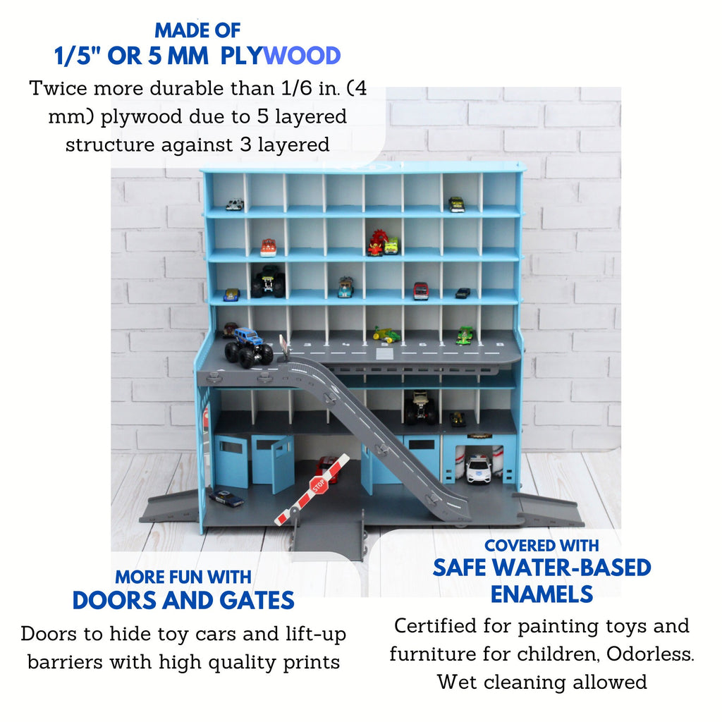 Toy car garage in light blue with light and inscription