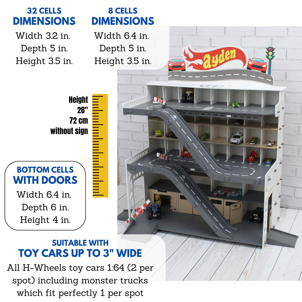 Toy car garage with a toy car wash, doors, gates and mutiple ramps in white