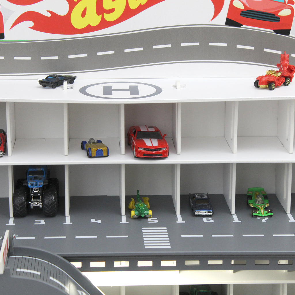 Toy car garage with interactive toy car wash, motion detection activated and inscription with chid's name in white