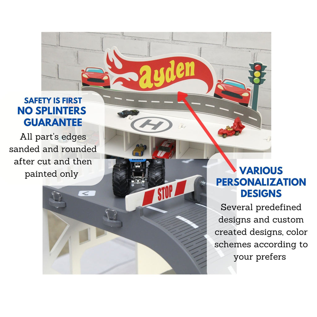 Toy car garage with interactive toy car wash, motion detection activated and inscription with chid's name in white