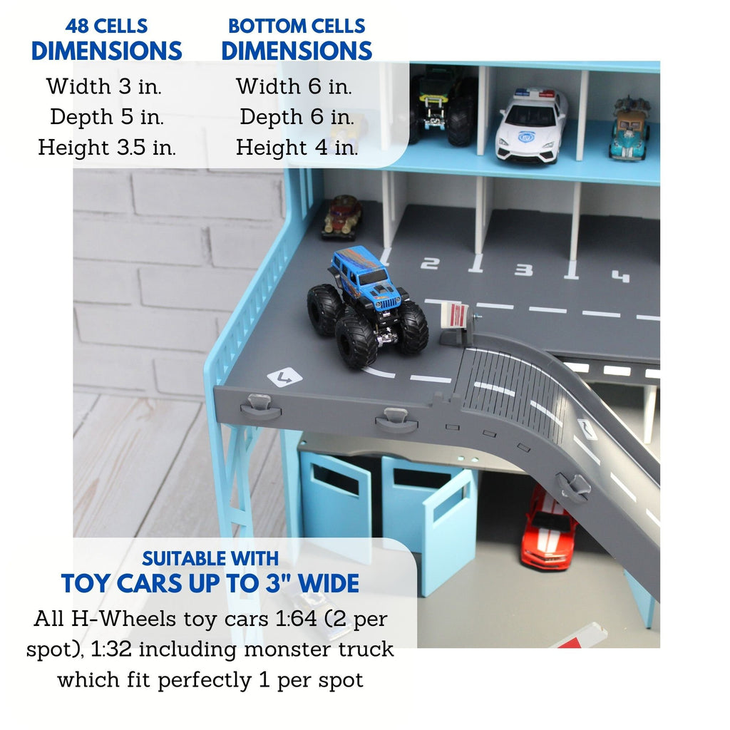 Toy car garage in light blue with light and inscription
