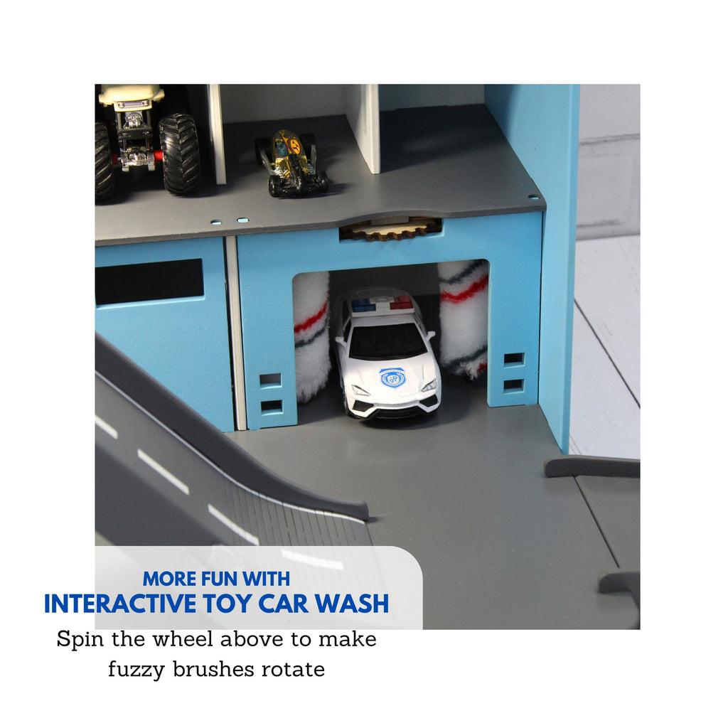 Toy car garage in light blue with light and inscription