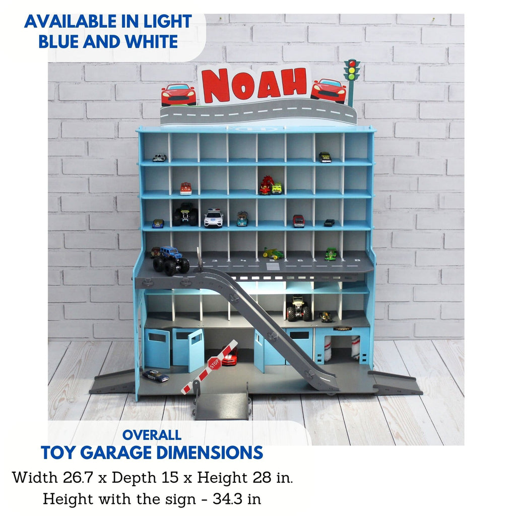 Toy car garage in light blue with light and inscription