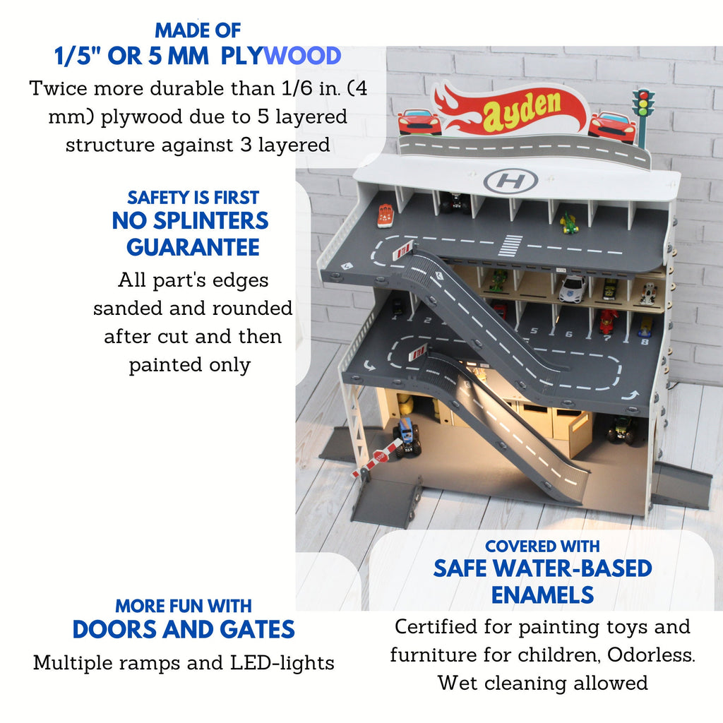 Toy car garage with a toy car wash, doors, gates and mutiple ramps in white