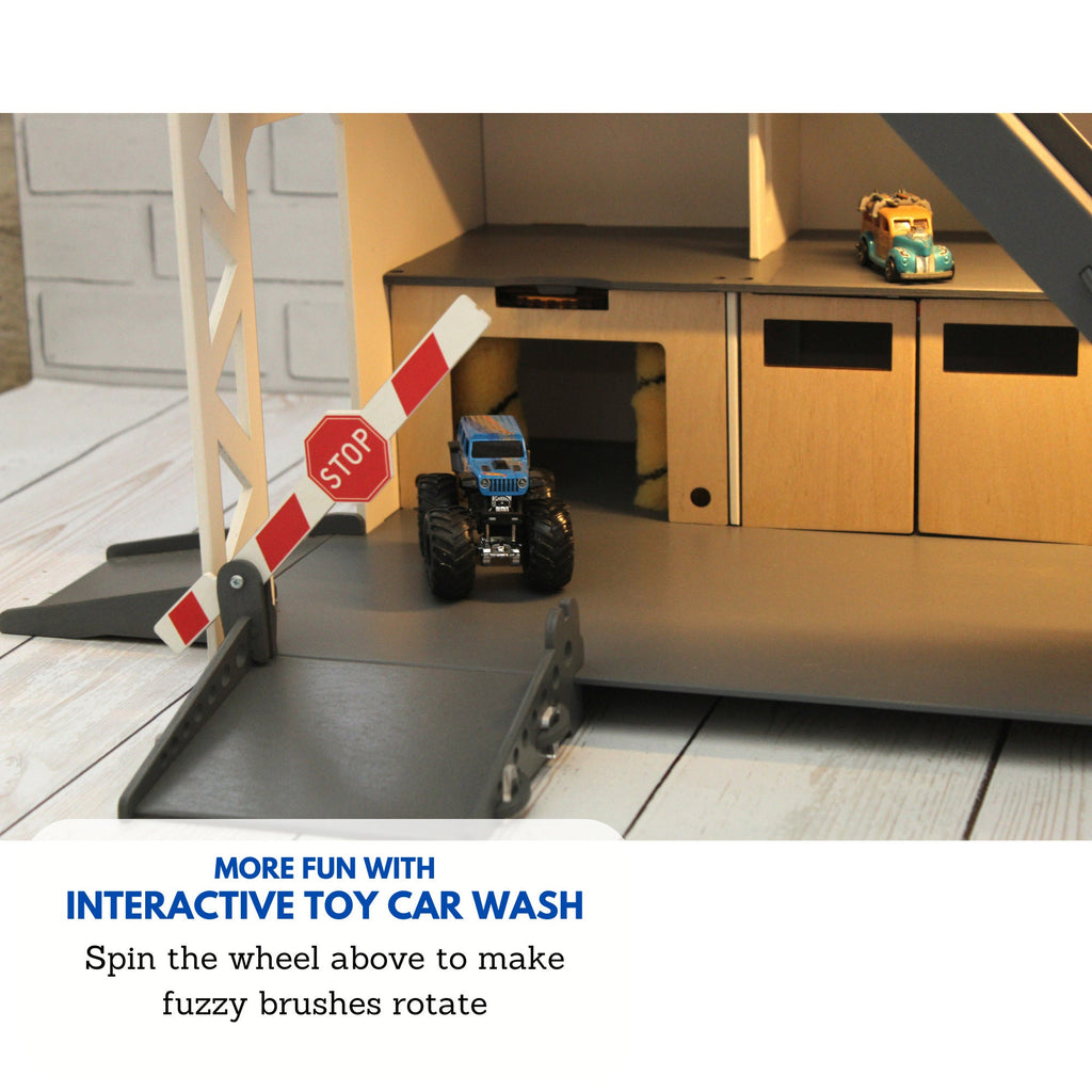 Toy car garage with a toy car wash, doors, gates and mutiple ramps