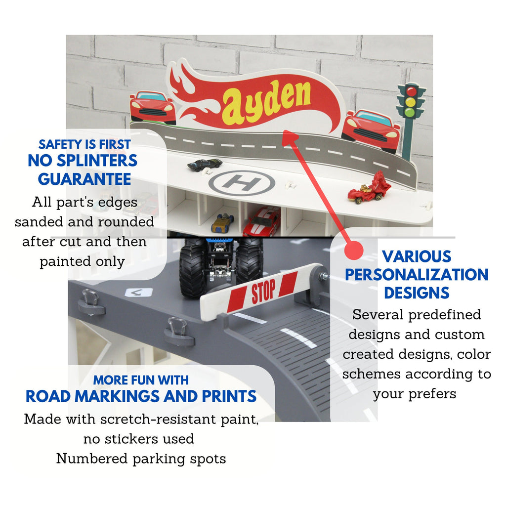 Toy car garage with a toy car wash, doors, gates and mutiple ramps