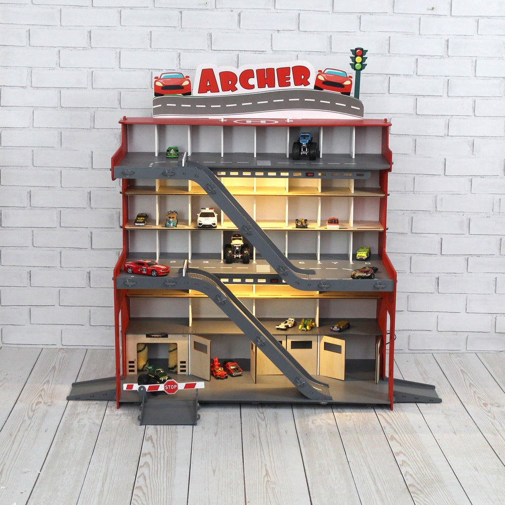 Toddler boy Birthday Gift for kids loving toy cars, 3 4 5 6 years old, Wooden Toy Garage, Toy Storage Personalized in red