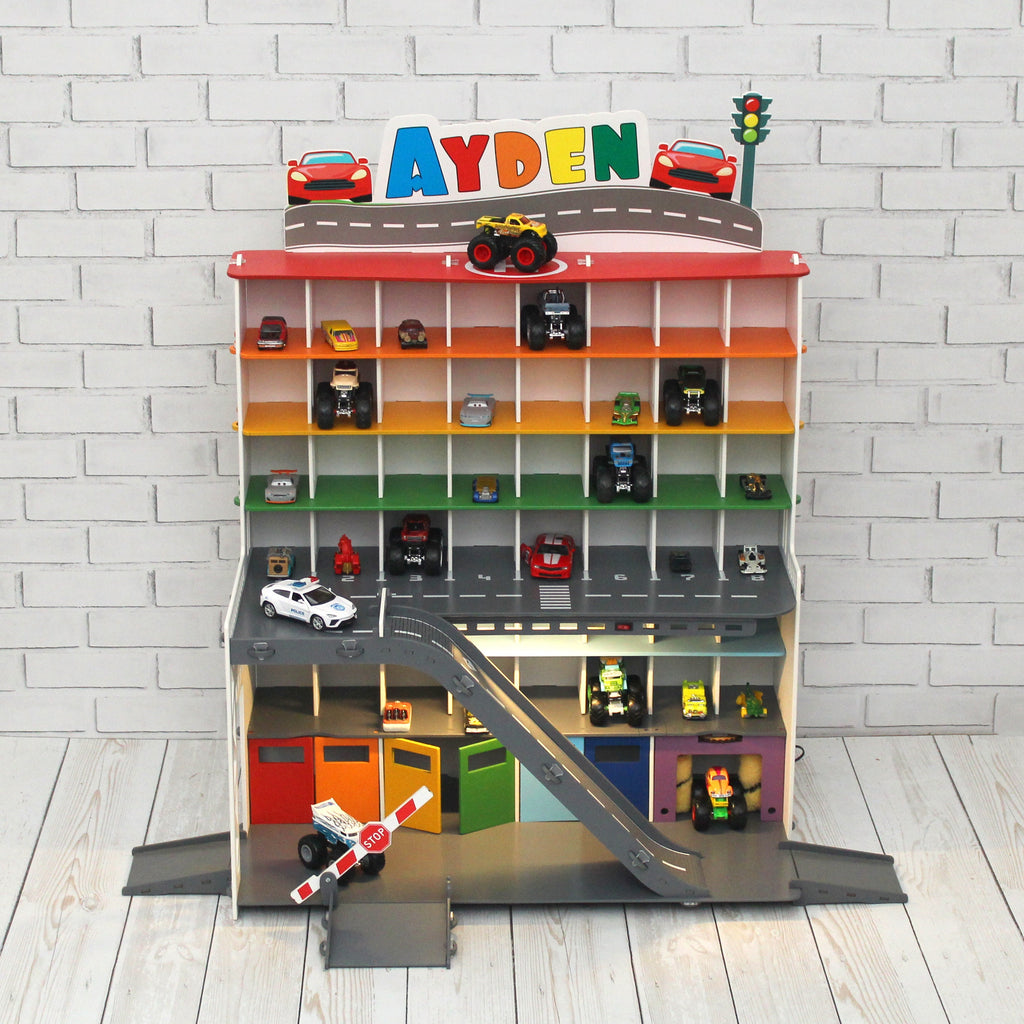 rainbow colored toy car garage, wooden toy garage