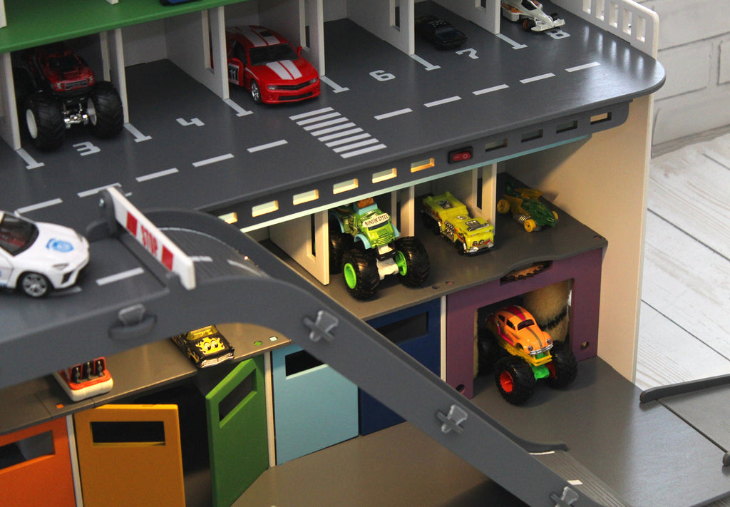 toy car storage with doors, toy car garage with ramps