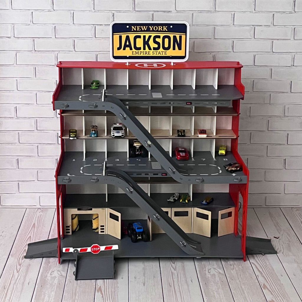 Toddler boy Birthday Gift for kids loving toy cars, 3 4 5 6 years old, Wooden Toy Garage, Toy Storage Personalized in red