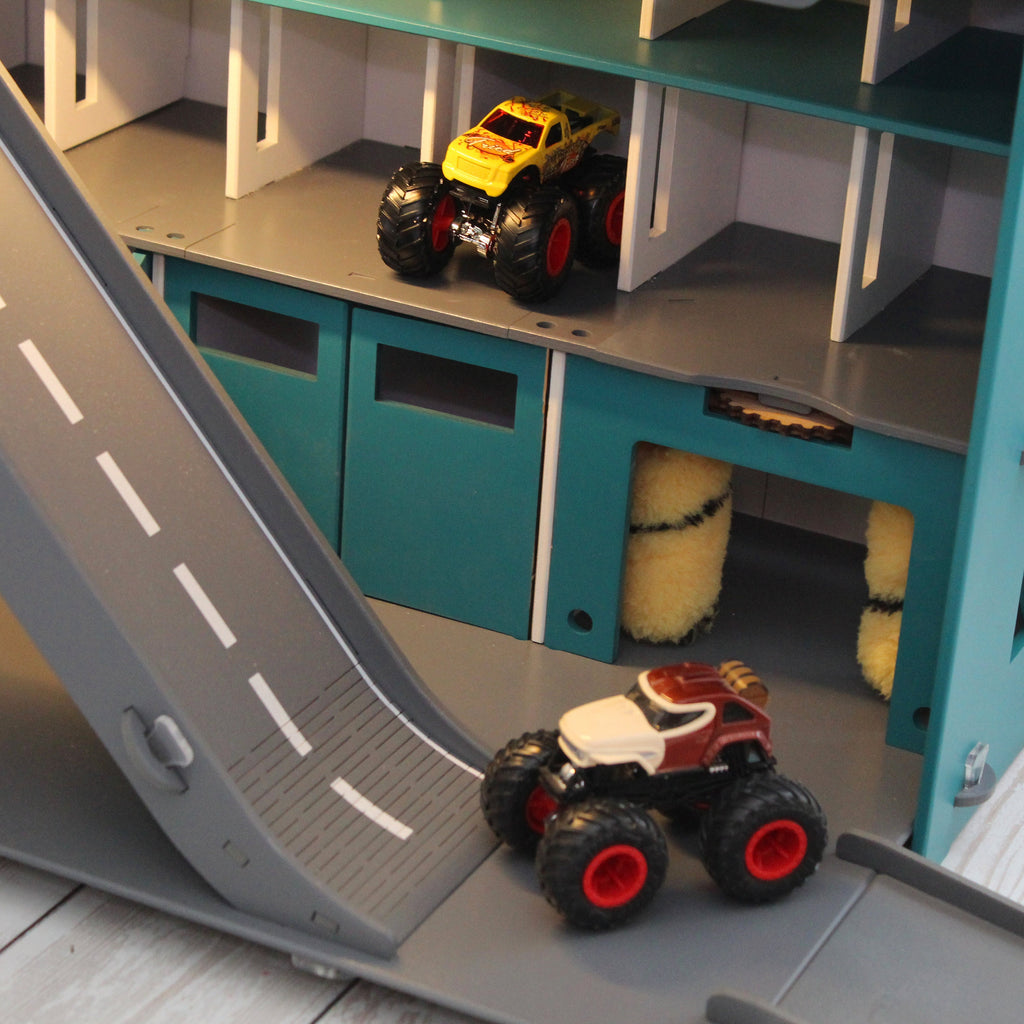 Wooden Toy Garage, Personalized Capacitive Toy Car Storage, Toddler Boy Fascinating Imaginative Play Gameset, Diecast Monster Truck Shelf