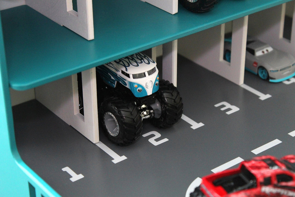 Wooden Toy Garage, Personalized Capacitive Toy Car Storage, Toddler Boy Fascinating Imaginative Play Gameset, Diecast Monster Truck Shelf