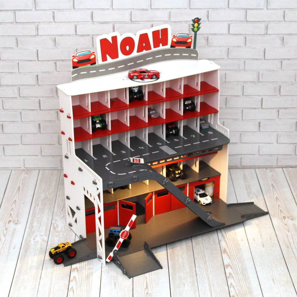 Toy Car Garage, Personalized Toy Storage,Boy 3-5 yo gift, Toddler boy present, Wooden Toy in White-Red