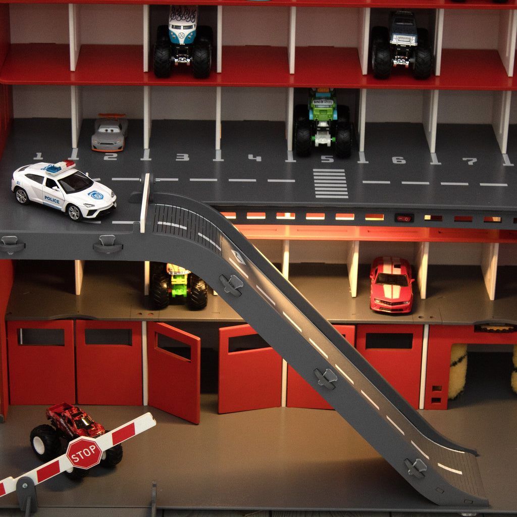 toy garage with doors and lights