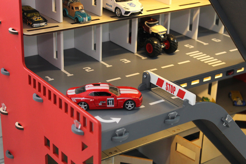 Toddler boy Birthday Gift for kids loving toy cars, 3 4 5 6 years old, Wooden Toy Garage, Toy Storage Personalized in red