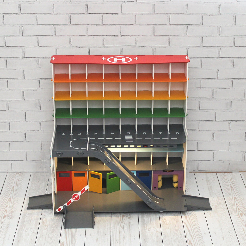 toy car storage with ramps, doors, gates and lights personalized