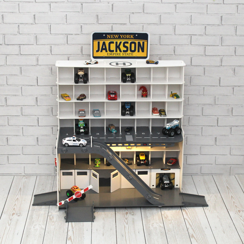 Toy Garage specificaly designed for 1:64 Monster Trucks, US License Plate State Personalized Sign with name, NY State