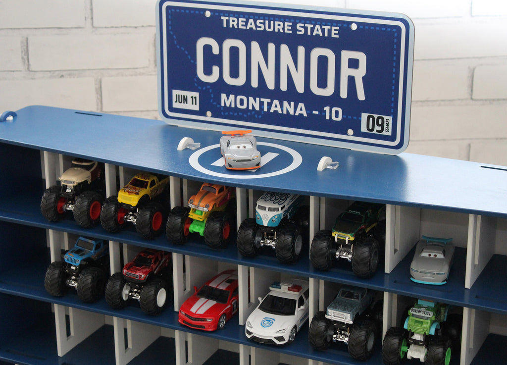 Toy Car Garage, Toddler Boy Gift 3 4 5 years old, Personalized License Plate Gift, Boys Playroom Set, Monster Truck Parking Lot