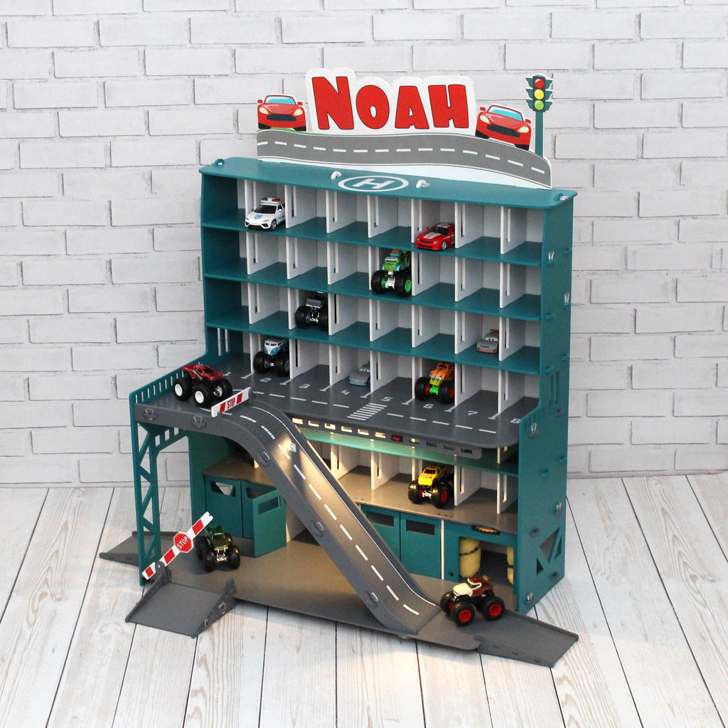 Wooden Toy Garage, Personalized Capacitive Toy Car Storage, Toddler Boy Fascinating Imaginative Play Gameset, Diecast Monster Truck Shelf