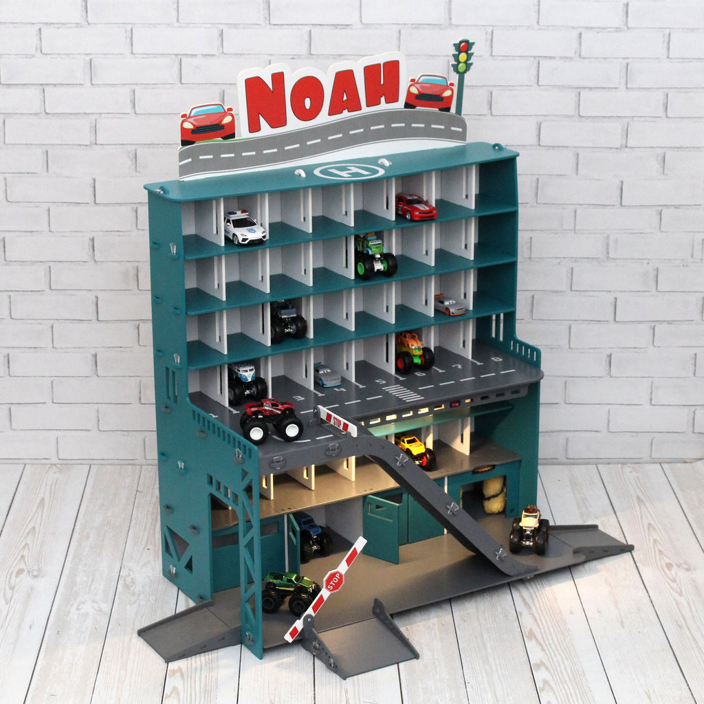 Wooden Toy Garage, Personalized Capacitive Toy Car Storage, Toddler Boy Fascinating Imaginative Play Gameset, Diecast Monster Truck Shelf
