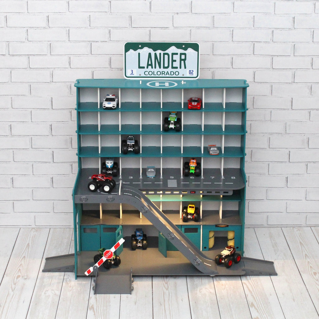 Wooden Toy Garage, Personalized Capacitive Toy Car Storage, Toddler Boy Fascinating Imaginative Play Gameset, Diecast Monster Truck Shelf