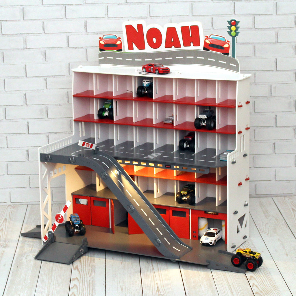 Toy Car Garage, Personalized Toy Storage,Boy 3-5 yo gift, Toddler boy present, Wooden Toy in White-Red