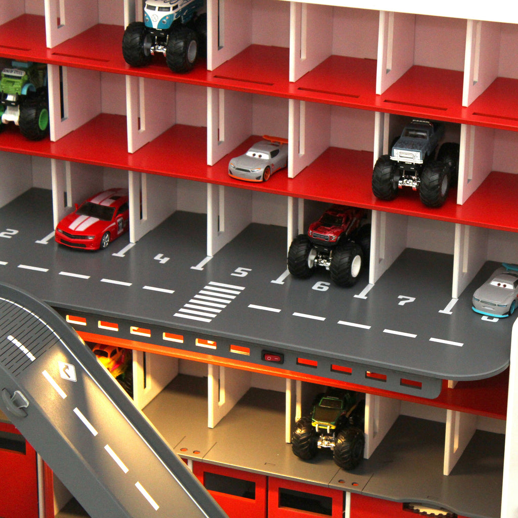 Toy Car Garage, Personalized Toy Storage,Boy 3-5 yo gift, Toddler boy present, Wooden Toy in White-Red